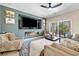 Relaxing living room featuring a modern fireplace and backyard views through sliding glass doors at 820 Colina Alta Pl, Las Vegas, NV 89138