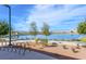 Community pond with landscaped edges and distant mountain views at 117 Destiny Orchard Ct, Henderson, NV 89011