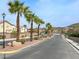 Gated community street view featuring well-maintained landscaping, sidewalks, and picturesque palm trees lining the road at 4439 Yellow Harbor St, Las Vegas, NV 89129