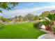 Lush backyard with artificial turf, desert landscaping, and mountain views at 11527 Morning Grove Dr, Las Vegas, NV 89135