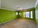 Bright bedroom with green walls, carpet, and windows bringing in natural light at 2112 Merganser Ct, North Las Vegas, NV 89084