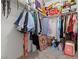 Walk-in closet with rod and shelf storage overflowing with clothes, boxes and personal belongings at 4526 Cloudrest Peak St, North Las Vegas, NV 89031