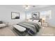 This bedroom features a ceiling fan, two windows, and modern decor at 5396 Valley Wells Way, Las Vegas, NV 89113
