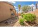 Lush backyard with a palm tree, well-maintained landscaping, and privacy fencing creating a serene outdoor space at 6737 Divers Loons St, North Las Vegas, NV 89084