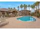 Exterior view of a well-maintained community pool area with lounge chairs and tropical landscaping at 8805 Jeffreys St # 2020, Las Vegas, NV 89123