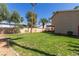Back yard featuring green grass, mature trees, and desert landscaping at 326 Fuente Dr, Henderson, NV 89014