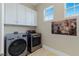 Functional laundry room with modern washer and dryer units and storage cabinets at 437 Pinnacle Heights Ln, Las Vegas, NV 89144