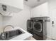 Modern laundry room with gray washer and dryer, sink, and white cabinets at 5067 Pensier St, Las Vegas, NV 89135