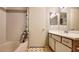 Bathroom featuring a shower with curtain, a white door, and a sink with mirror at 7885 W Flamingo Rd # 2003, Las Vegas, NV 89147