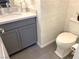 Elegant powder room featuring a gray vanity with a white countertop and a modern toilet at 6511 Dove Point Pl, Las Vegas, NV 89130