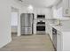 Modern kitchen featuring stainless steel appliances, white cabinets, and upgraded countertops at 540 Kelsford Dr, Las Vegas, NV 89123