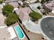 Aerial view of a well-maintained home with a private pool and a three-car garage on a cul-de-sac at 6032 Red Glitter St, North Las Vegas, NV 89031