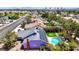 Residential neighborhood featuring houses, landscaping, swimming pools, and putting green, set against a distant city skyline at 6773 Obannon Dr, Las Vegas, NV 89146
