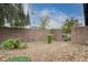 Low maintenance backyard with rock landscaping, lush greenery, and block wall fencing at 7052 Blissful Peak St, North Las Vegas, NV 89084