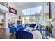 Modern living room offering high ceilings, large windows, stylish blue sofas and seamless access to the backyard at 7940 Castle Pines Ave, Las Vegas, NV 89113