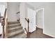 Carpeted staircase with white risers and dark handrail leading up to the second level at 7257 Early Pioneer Ave, Las Vegas, NV 89129