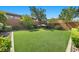 Lush backyard featuring well-manicured artificial lawn and mature trees for shade at 10470 Dove Meadow Way, Las Vegas, NV 89135