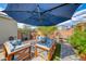 Relaxing backyard featuring comfortable outdoor seating around a fire pit, complemented by lush greenery and shaded areas at 2637 Via Monet, Henderson, NV 89044