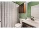 Green-painted bathroom with a shower, toilet, and white sink at 6312 Snap Ridge St # 101, North Las Vegas, NV 89081
