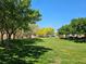 Expansive green lawn with mature shade trees creating a peaceful park-like setting, perfect for relaxation at 7461 Enviable Ct, Las Vegas, NV 89149