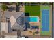 Aerial view showcases a sparkling pool, tennis court, gazebo, and well-maintained desert landscaping at 8228 Fulton Ranch St, Las Vegas, NV 89131