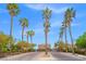 Gated community entrance lined with mature palm trees and desert landscaping leading to well-maintained homes at 9457 Alma Ridge Ave, Las Vegas, NV 89178