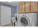 Functional laundry room with modern washer and dryer, ample cabinet storage and utility sink at 1532 Via Cassia, Henderson, NV 89052