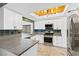A modern kitchen featuring quartz countertops, stainless appliances, and a stunning tile backsplash and flooring at 1655 E Hacienda Ave, Las Vegas, NV 89119