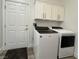 Laundry room with a Whirlpool washer and dryer set and storage cabinets above at 5422 Nestled Moon Ct, Las Vegas, NV 89131