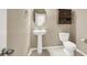 Stylish powder room with a pedestal sink, modern fixtures, and a decorative mirror, perfect for guests at 7428 Alamo Ranch Ave, Las Vegas, NV 89179
