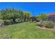 Expansive backyard features lush green grass and meticulously maintained landscaping with trees and shrubs at 853 Morning Sun Ct, Las Vegas, NV 89110