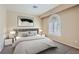 Comfortable bedroom featuring a plush bed, accent wall art, and a bright window with stylish shutters at 10159 Tumbling Tree St, Las Vegas, NV 89183