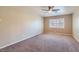 Bright, carpeted bedroom with a ceiling fan and window, offering a simple, serene aesthetic at 10159 Tumbling Tree St, Las Vegas, NV 89183