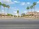Street view of Harbor Point neighborhood entrance, featuring lush palm trees and manicured landscaping at 2736 Huber Heights Dr, Las Vegas, NV 89128