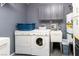 Functional laundry room with washer, dryer, gray cabinets, and utility sink at 2822 La Palma Dr, Laughlin, NV 89029