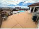A backyard pool has a wood patio cover with a great view on a sunny day at 2822 La Palma Dr, Laughlin, NV 89029