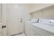 Functional laundry area includes a washer, dryer, utility door, and overhead shelving for efficient storage at 285 Canyon Spirit Dr, Henderson, NV 89012