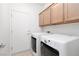 Convenient laundry room equipped with washer and dryer, storage cabinets and a door to the outside at 3312 Lapwing Dr, North Las Vegas, NV 89084