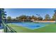 Well-maintained tennis court with vibrant blue surface and lush surroundings, ideal for active recreation at 439 Pelican Bay Ct, Henderson, NV 89012