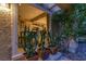Inviting interior view through a large window framed by potted cacti and lush greenery near the home's entrance at 5142 Southern Hills Ln, Las Vegas, NV 89113