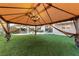 Beautiful view of backyard with lush artificial turf, spa, and covered patio with hot tub at 7438 Desertscape Ave, Las Vegas, NV 89178