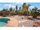 Relaxing backyard oasis featuring a sparkling pool, tiki umbrellas, and lush landscaping for outdoor enjoyment at 8125 Soledad Canyon St, Las Vegas, NV 89131