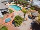 Aerial view of the backyard oasis with pool, patio, and desert landscaping at 8125 Soledad Canyon St, Las Vegas, NV 89131