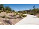A desert landscaped walking path between houses with purple and green vegetation underneath a clear blue sky at 1467 Melodic Lark Ln, Las Vegas, NV 89138
