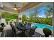 Covered patio with outdoor dining set overlooking a sparkling pool and lush landscaping at 729 Sir James Bridge Way, Las Vegas, NV 89145