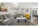 Bright open living room with two gray sofas, a coffee table, and wood-look tile flooring at 329 Brockbank Pl, Henderson, NV 89011