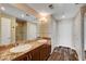 Bathroom features double sinks, granite countertop, and shower with marble surround at 150 N Las Vegas Blvd # 804, Las Vegas, NV 89101