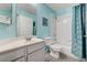 Bathroom features light blue walls, white cabinets, a toilet, and a shower/bathtub combo at 5171 Briar Patch Way, Las Vegas, NV 89118