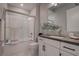 Modern bathroom featuring a glass-enclosed shower, white vanity, and contemporary fixtures at 7416 Deschutes Cir, Las Vegas, NV 89129