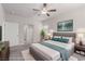 Relaxing bedroom showcasing a comfortable bed with teal accents and a modern dresser at 10257 Sequoia Falls Pl, Las Vegas, NV 89149